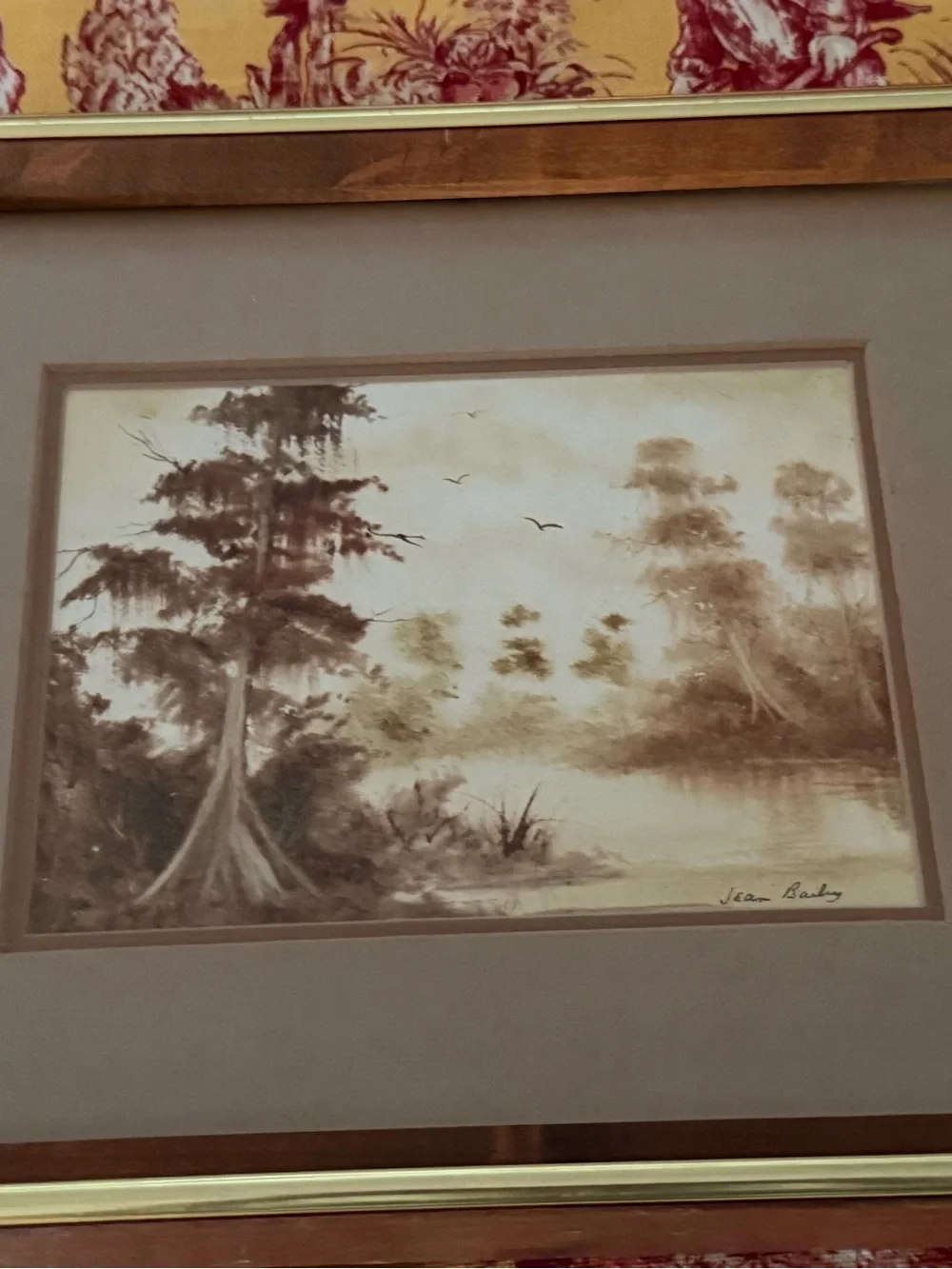Framed Vintage Moody Landscape Sepia Watercolor in Brown and Gold Signed